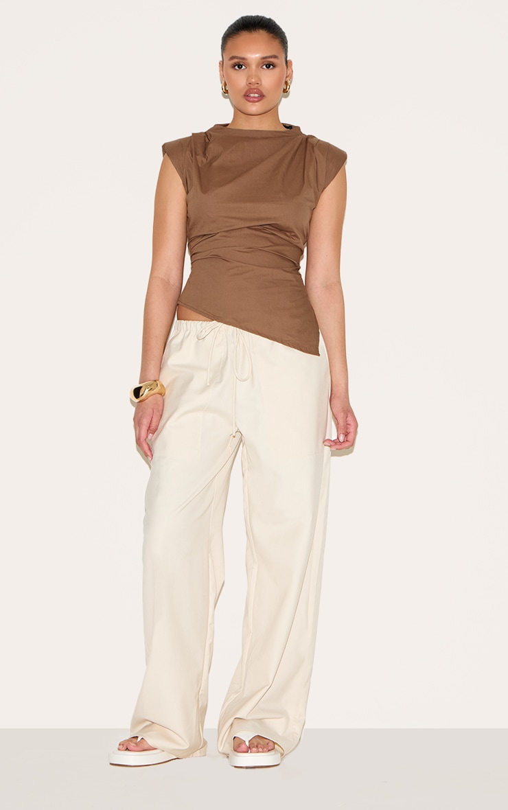 Brown Woven Shoulder Detail Asymmetric Hem Long Top image 3