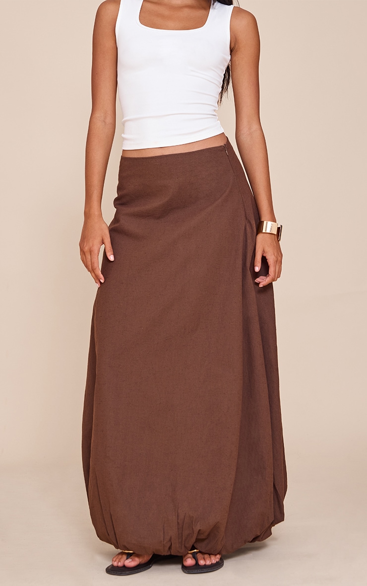 Dark Chocolate Cotton Linen Look Puffball Maxi Skirt image 1