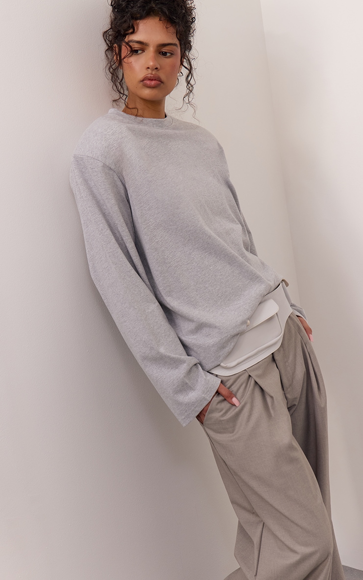 Grey Cotton Shoulder Pad Long Sleeve Oversized T-Shirt