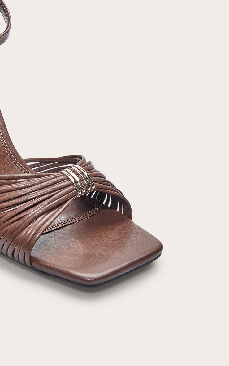 Chocolate Pu Square Toe Multi Strap Gold Trim High Heeled Sandals image 4