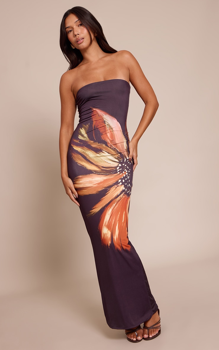 Black Flower Print Bandeau Maxi Dress image 1