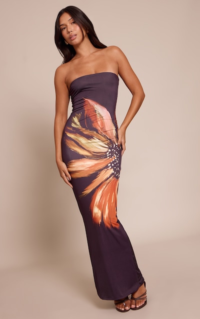 Robe bustier longue noire imprimé fleur