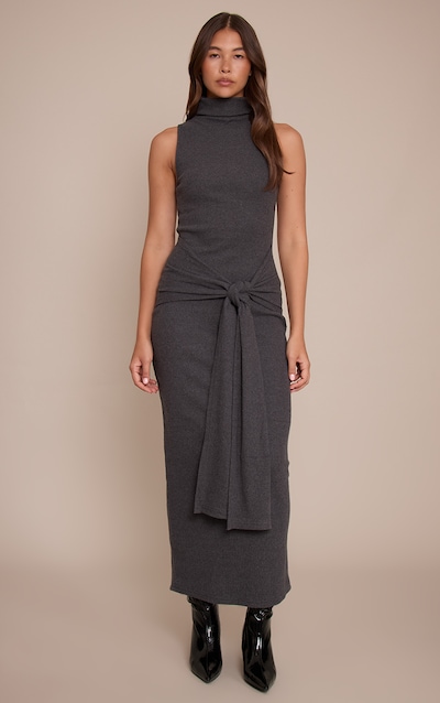 Robe longue brossée côtelée gris anthracite sans manches à partie nouée