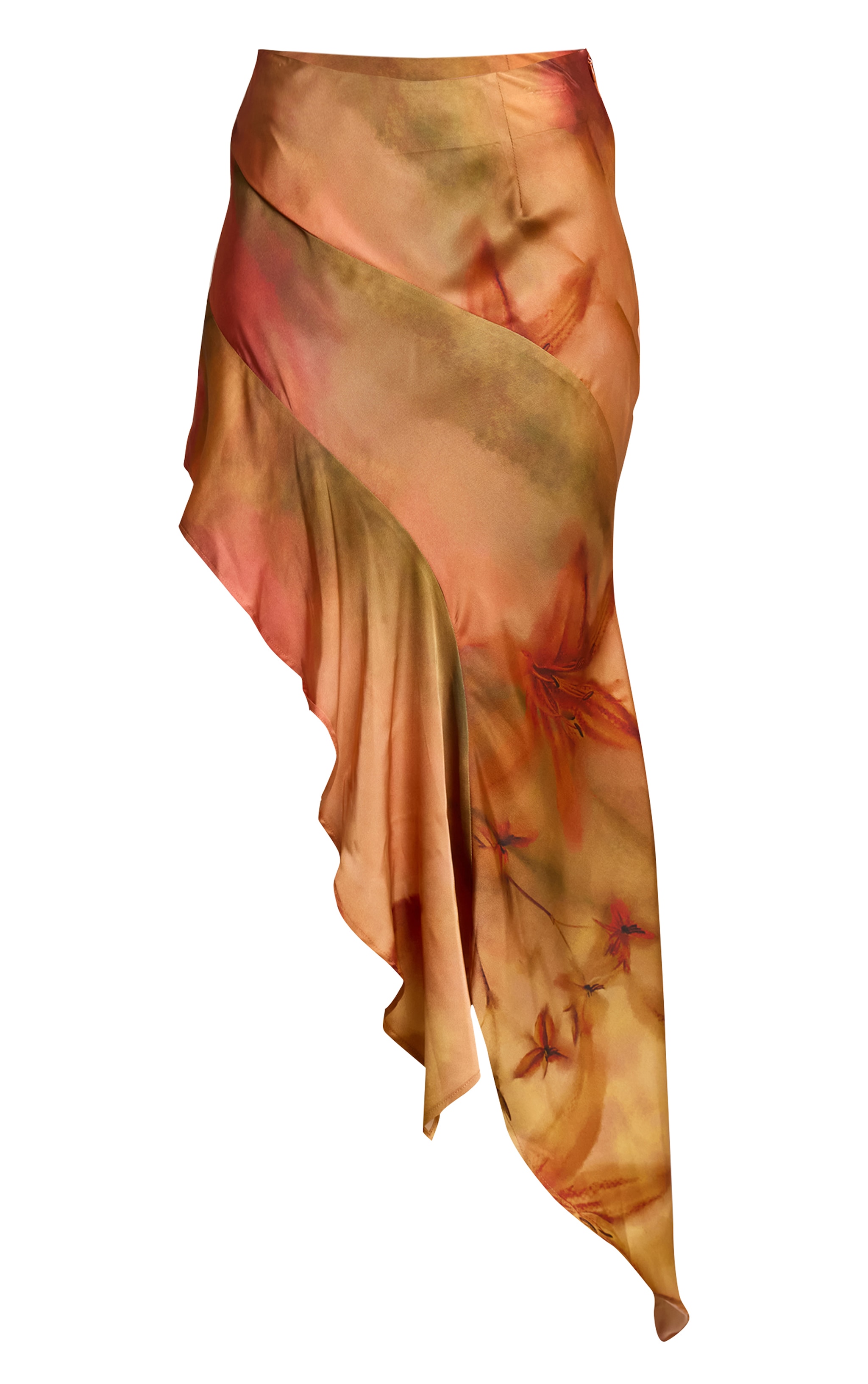 Burnt Orange Printed Satin Asymmetric Ruffle Midi Skirt image 6
