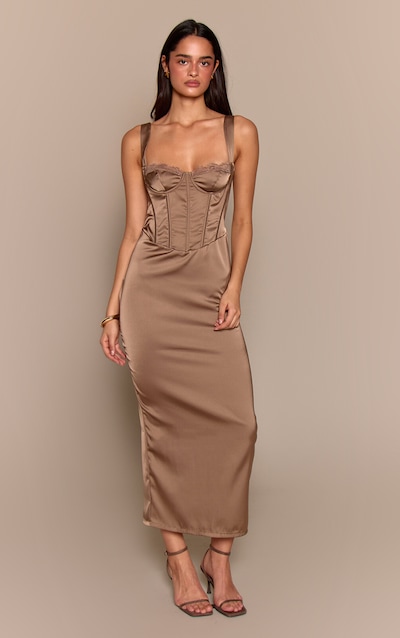 Khaki Satin Lace Cup Detail Midi Dress