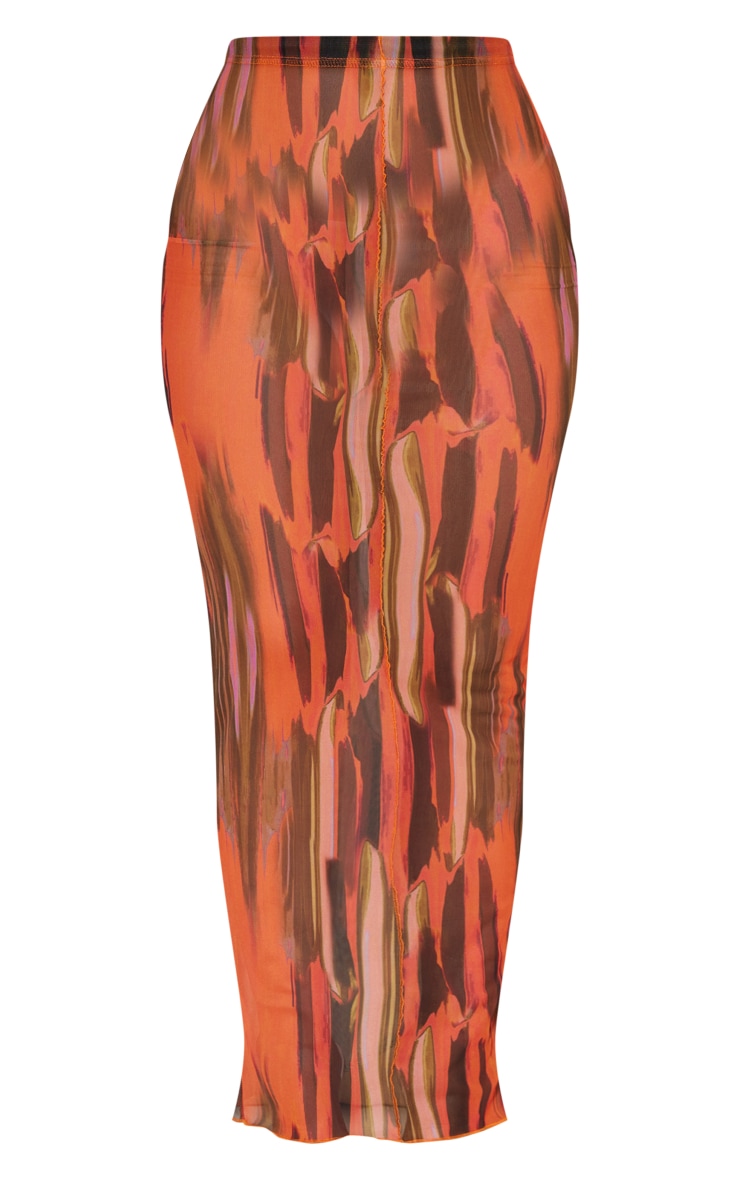 Orange Abstract Printed Mesh Split Hem Midi Skirt image 1