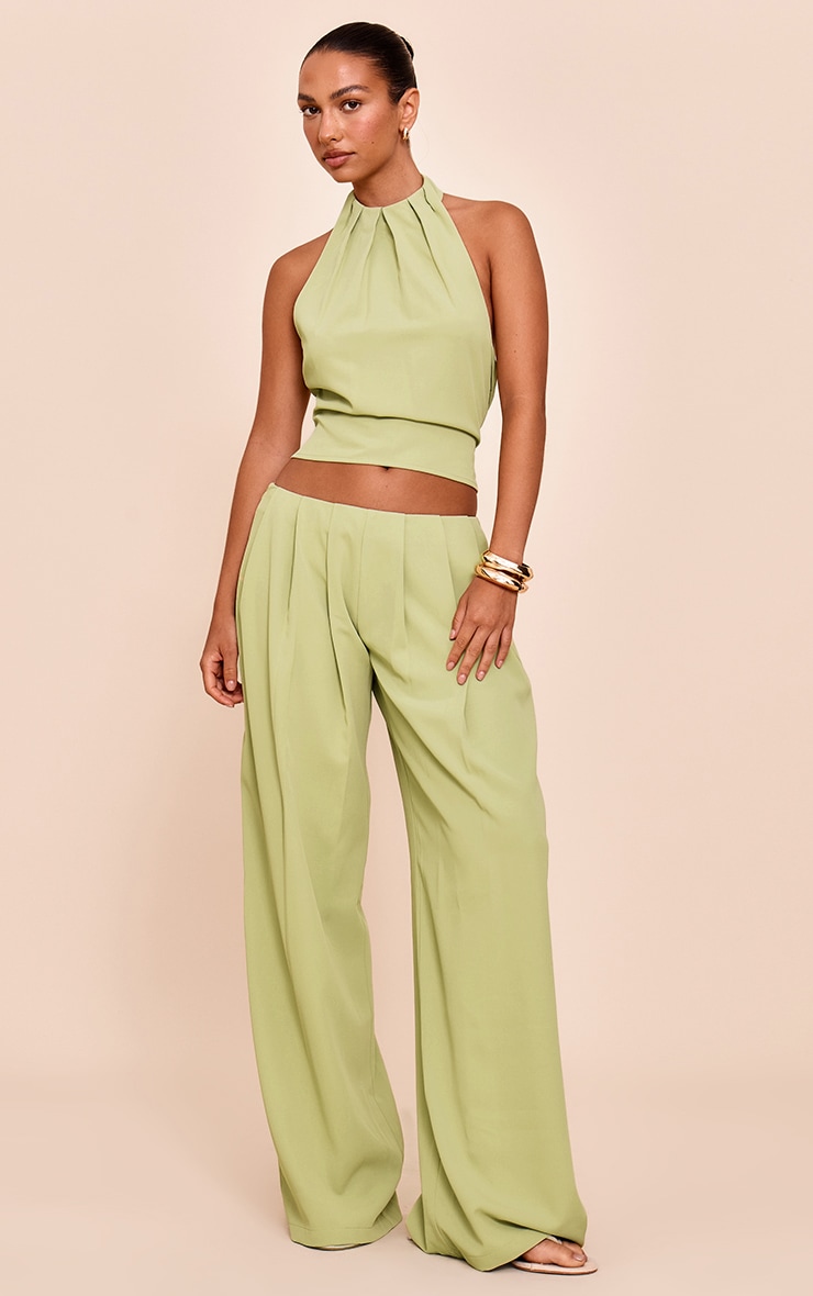 Pale Lime Woven Pleated High Neck Long Top image 3