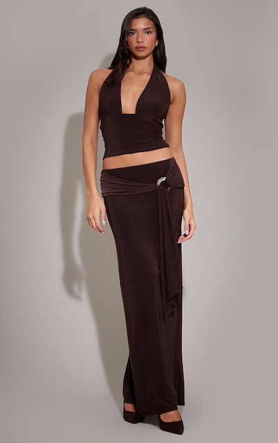 Chocolate Slinky Trim Detail Maxi Skirt