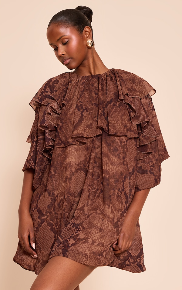 Brown Snake Print Frill Boxy Dress