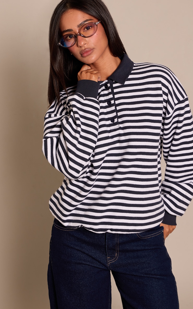 Petite Navy Striped Brushed Button Up Sweatshirt image 4