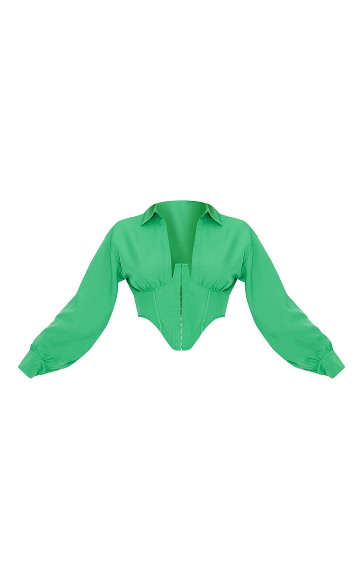 Bright Green Woven Corset Detail Cropped Shirt image 5