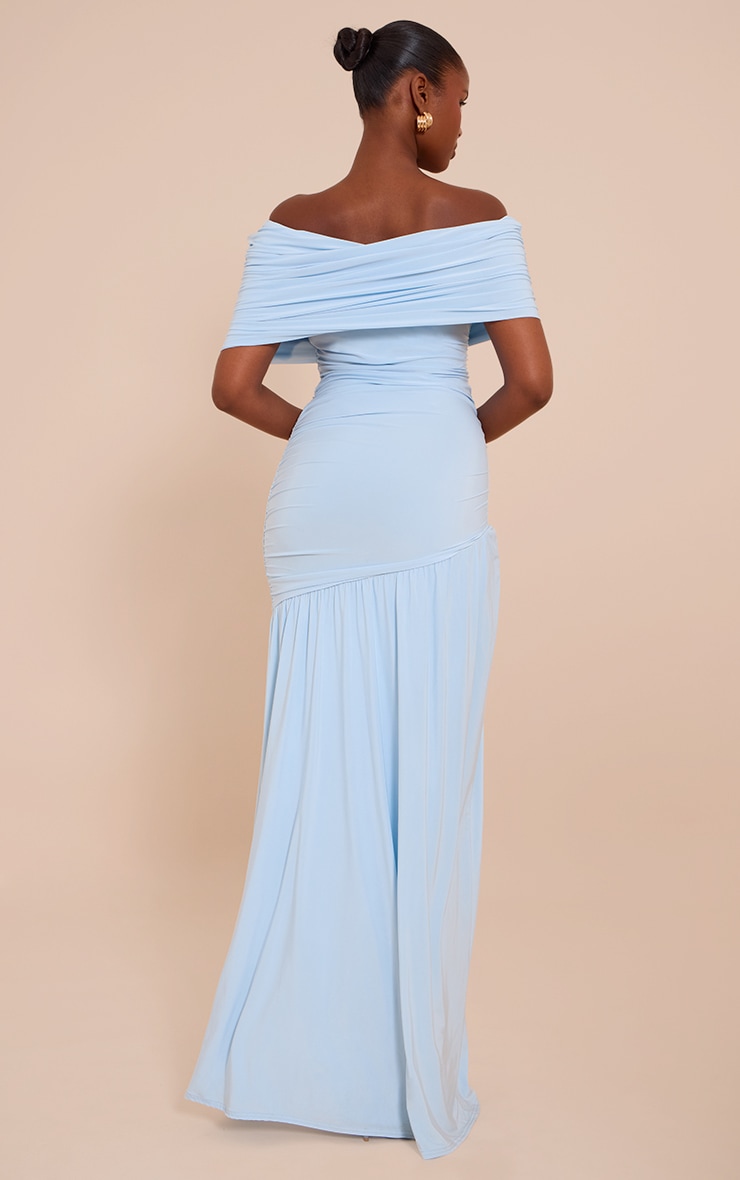 Blue Double Layer Slinky Bardot One Shoulder Ruched Maxi Dress image 2