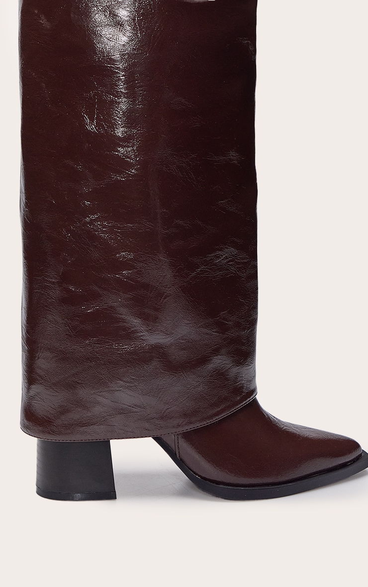 Chocolate Fold Over Knee High Block Heel Boot image 5
