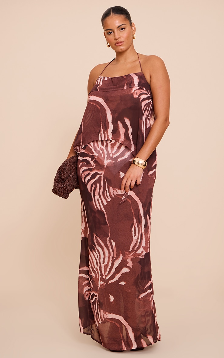 Plus Brown Chiffon Floral Mid Rise Tie Side Maxi Skirt image 1