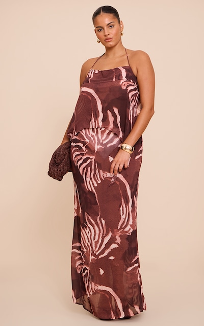 Plus Jupe longue en mousseline de soie marron fleurie à taille mi-haute