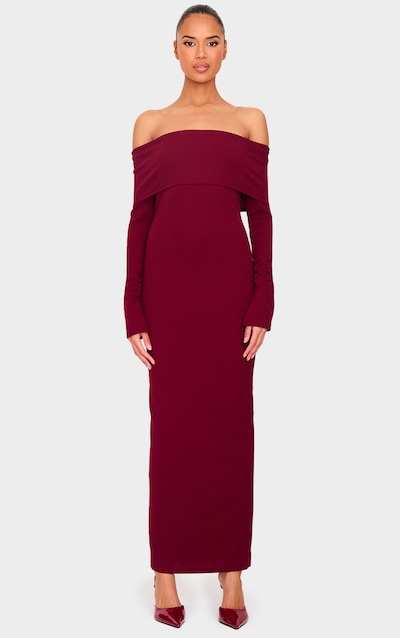 Burgundy Crepe Long Sleeve Bardot Maxi Dress