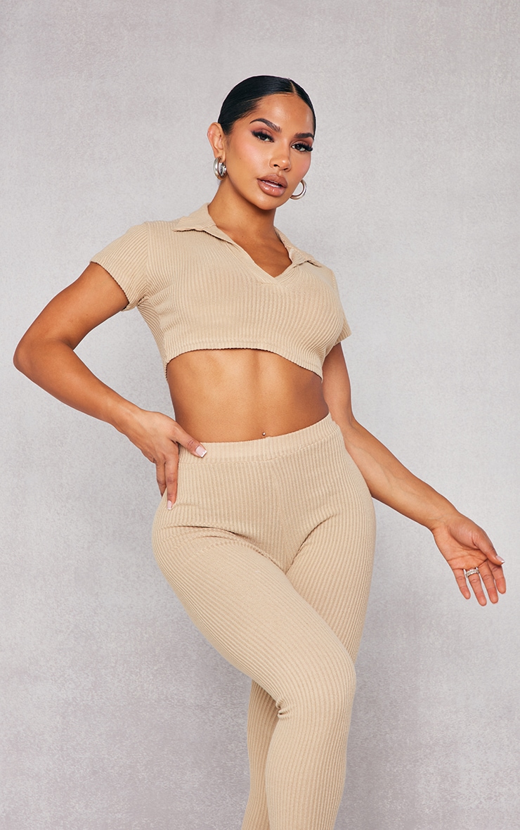 Shape Stone Brushed Rib Short Sleeve Collar Crop Top