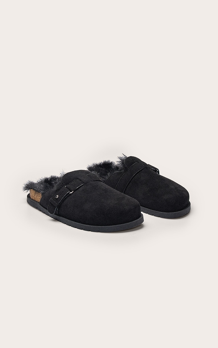 Black Faux Suede Faux Fur Lined Buckle Mules image 3