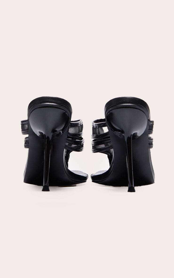 Wide Fit Black Square Toe Double Mesh Toe Thong High Stiletto Heeled Mules image 3