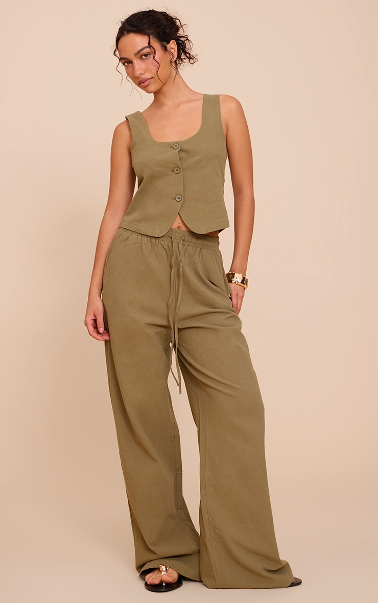 Khaki Tailored Linen Look Scoop Neck Fitted Vest image 3