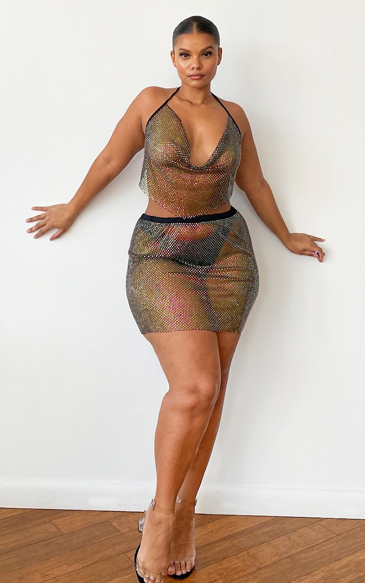 Plus Multi Diamante Mesh Mini Skirt