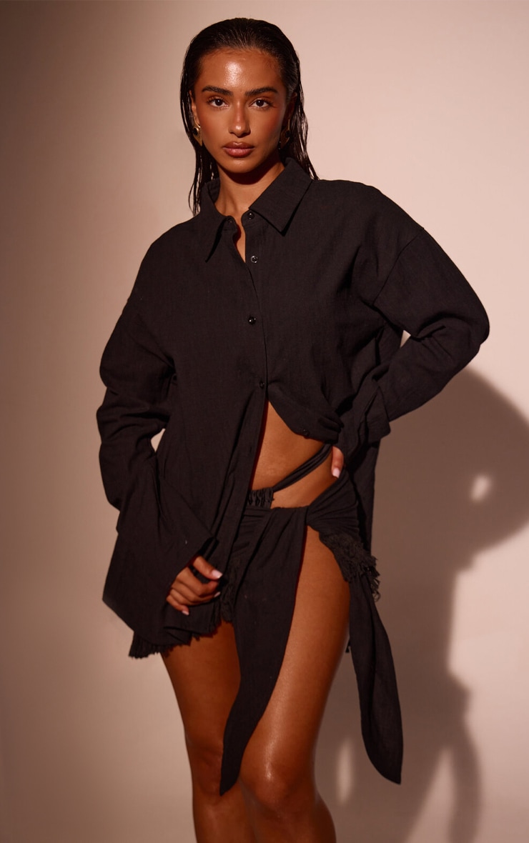 Black Linen Look Long Sleeve Beach Shirt