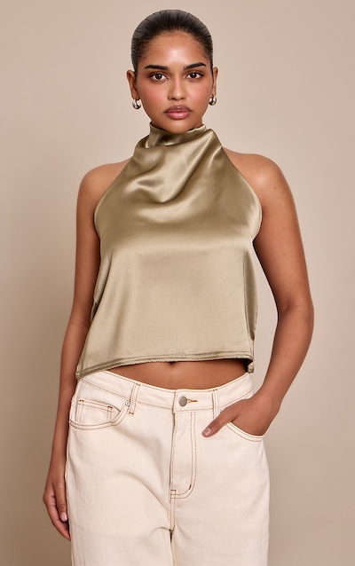 Petite Khaki Satin Halterneck Tie Top