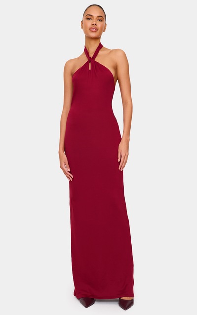 Burgundy Double Contour Halterneck Low Back Maxi Dress
