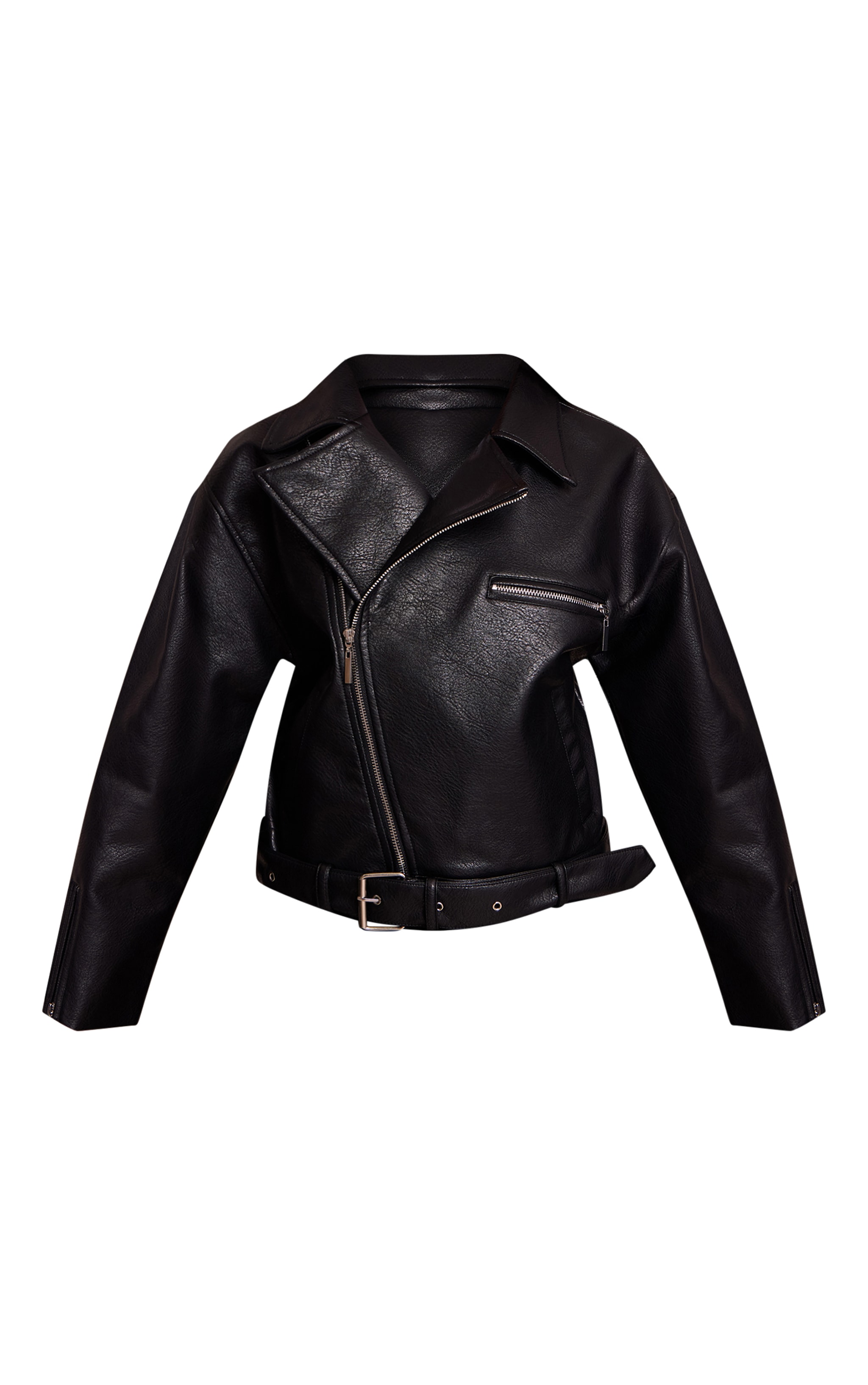Petite Black Faux Leather Oversized Biker Jacket image 5