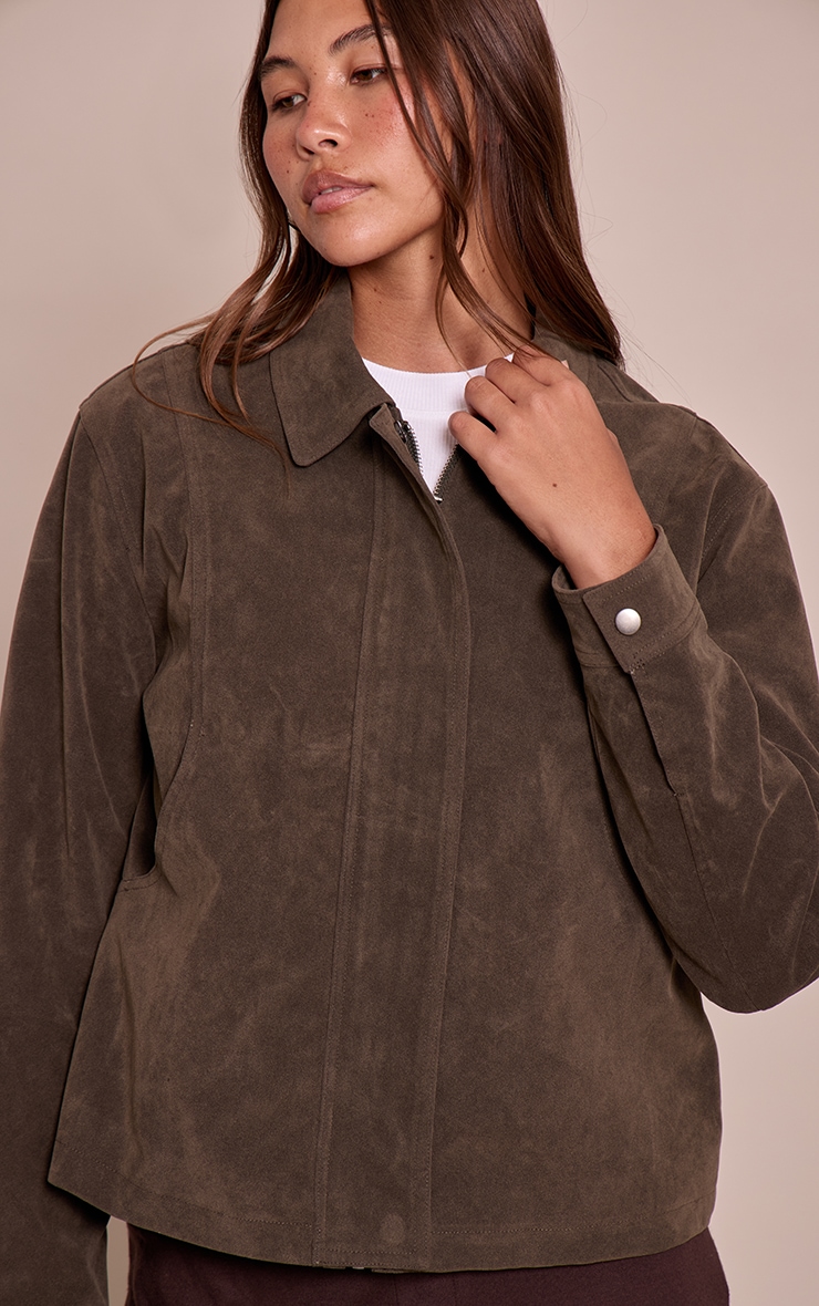 Khaki Faux Suede Concealed Placket Bomber Jacket image 4
