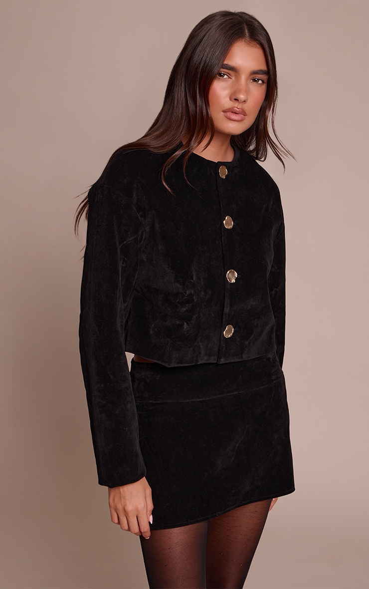 Black Round Neck Gold Button Suede Jacket