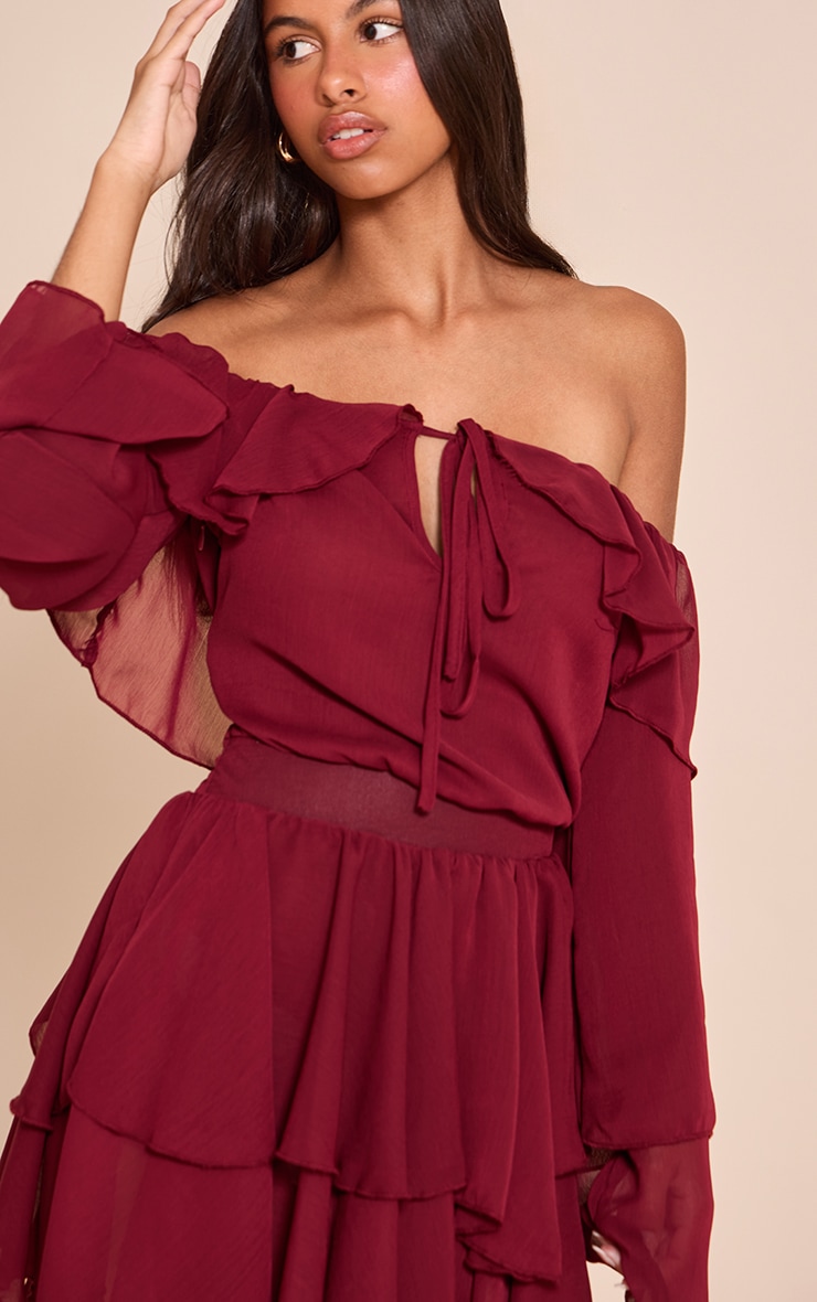 Petite Wine Chiffon Frill Detail Mini Dress image 4