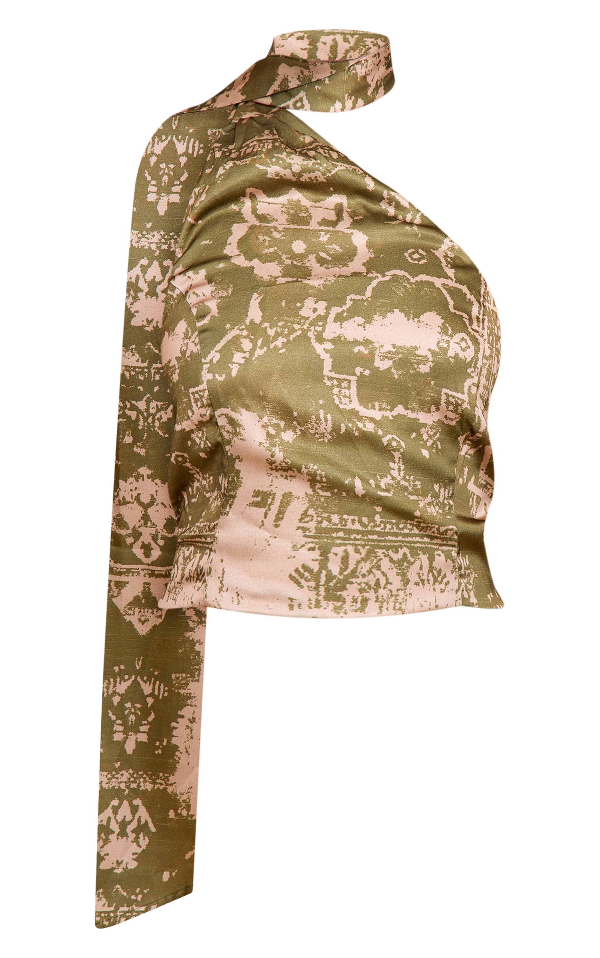 Khaki Printed Satin Scarf Detail Crop Top image 5