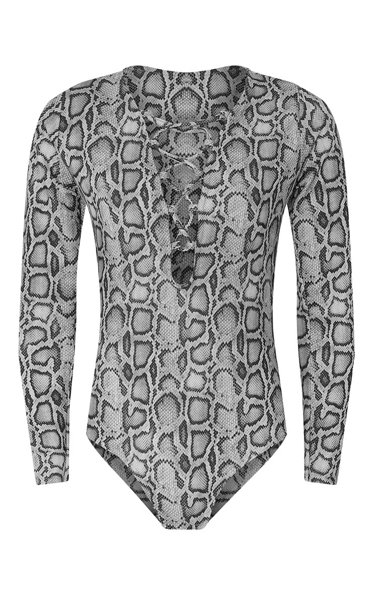 Caroline Grey Snakeskin Lace Up Thong Bodysuit PrettyLittleThing