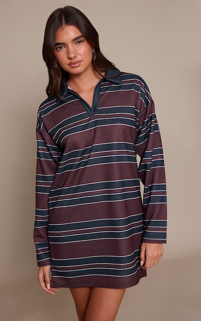 Robe droite bordeaux rayée contrastée à col replié et manches longues