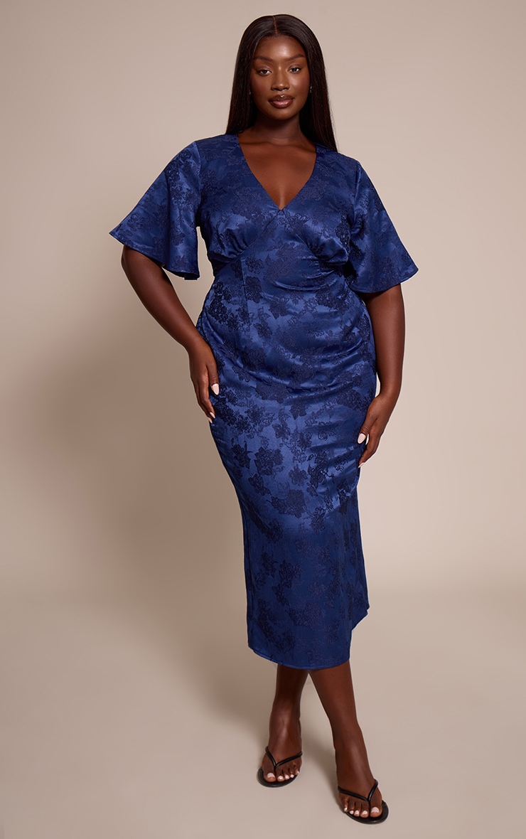 Plus Navy Floral Jacquard Puff Sleeve Plunge Neck Midaxi Dress image 1