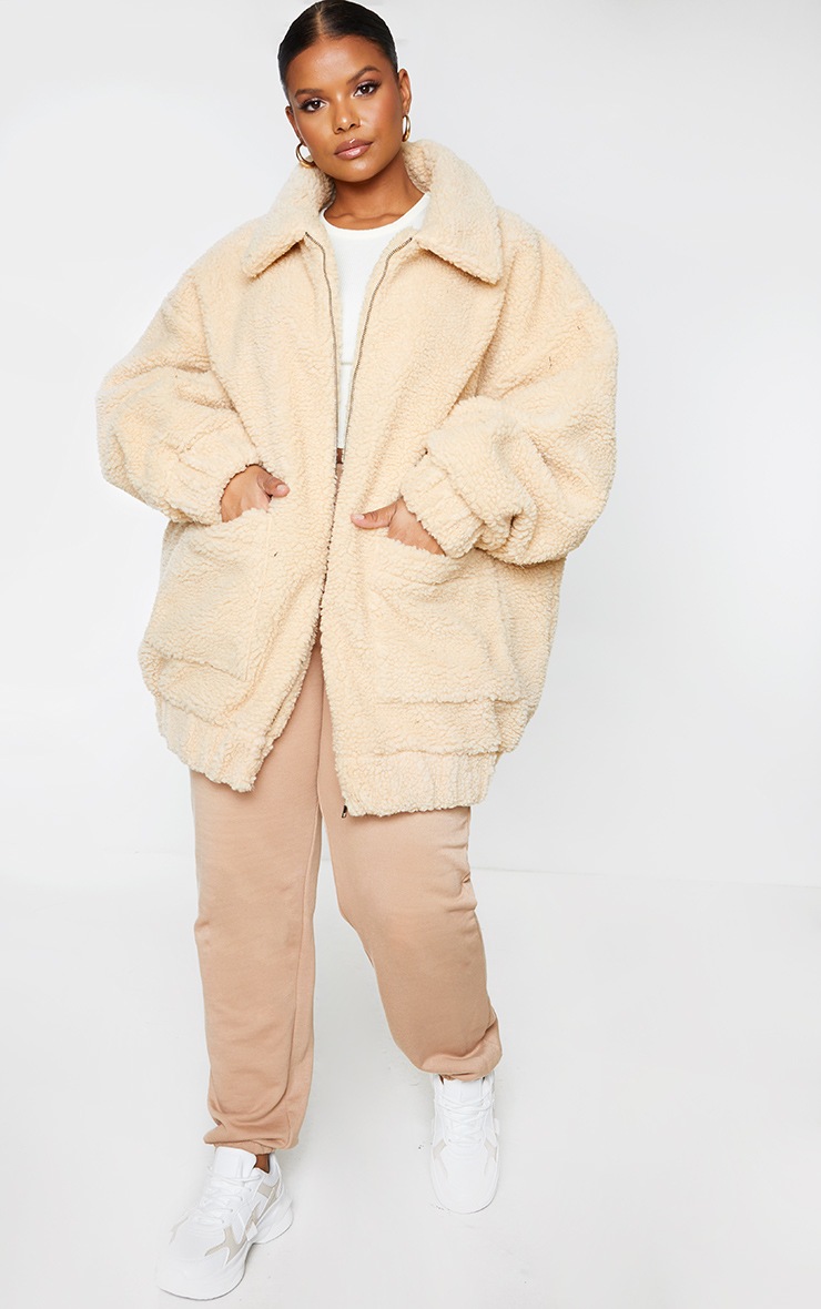 Plus Cream Oversized Borg Pocket Front Coat