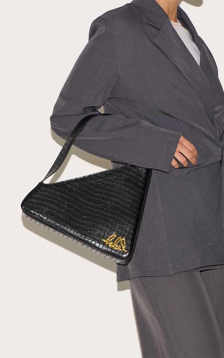 PLT Label Black Croc Faux Leather Triangle Hand Bag image 5