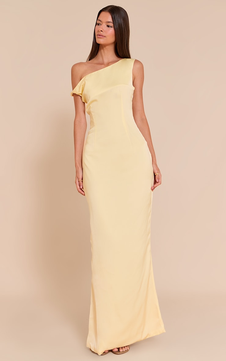 Lemon Satin Asymmetric Bardot Twist Maxi Dress image 3