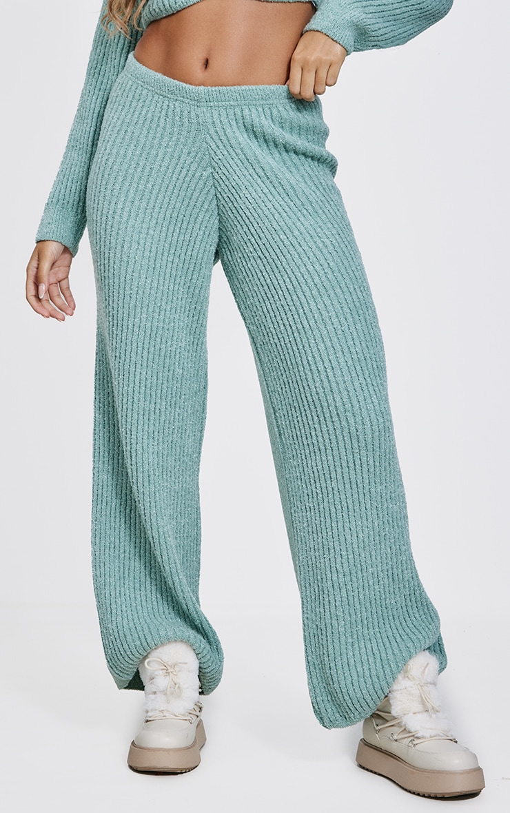 Light Khaki Boucle Knit Ribbed Wide Leg Trousers image 2