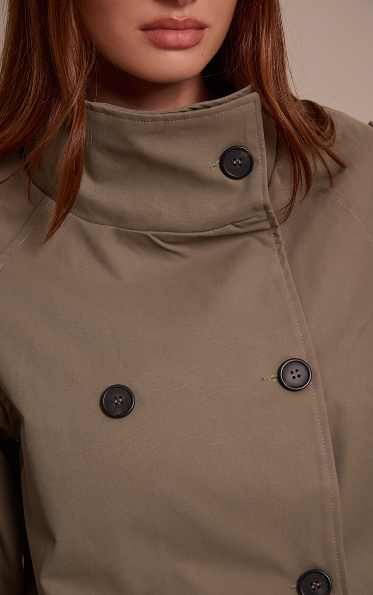 Olive Double Breasted Funnel Neck Cropped Trench Coat image 4
