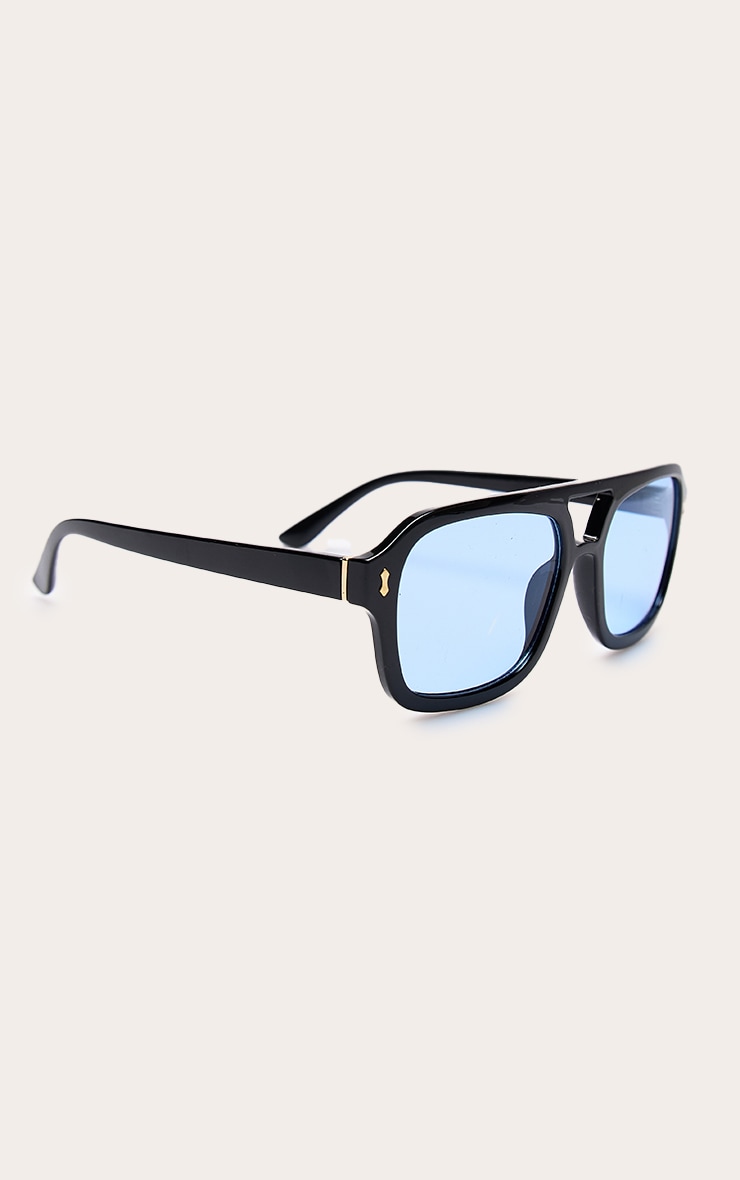 Black Frame Blue Lens Aviator Sunglasses image 3