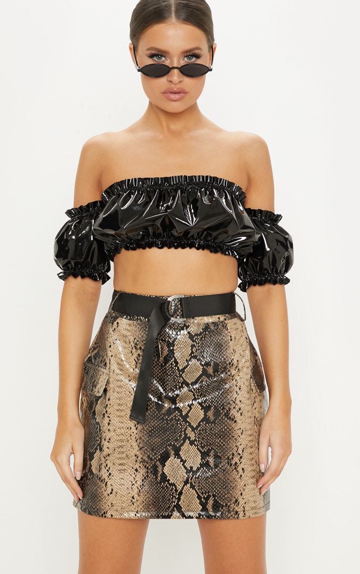 Brown Faux Leather Snakeskin Belted Mini Skirt