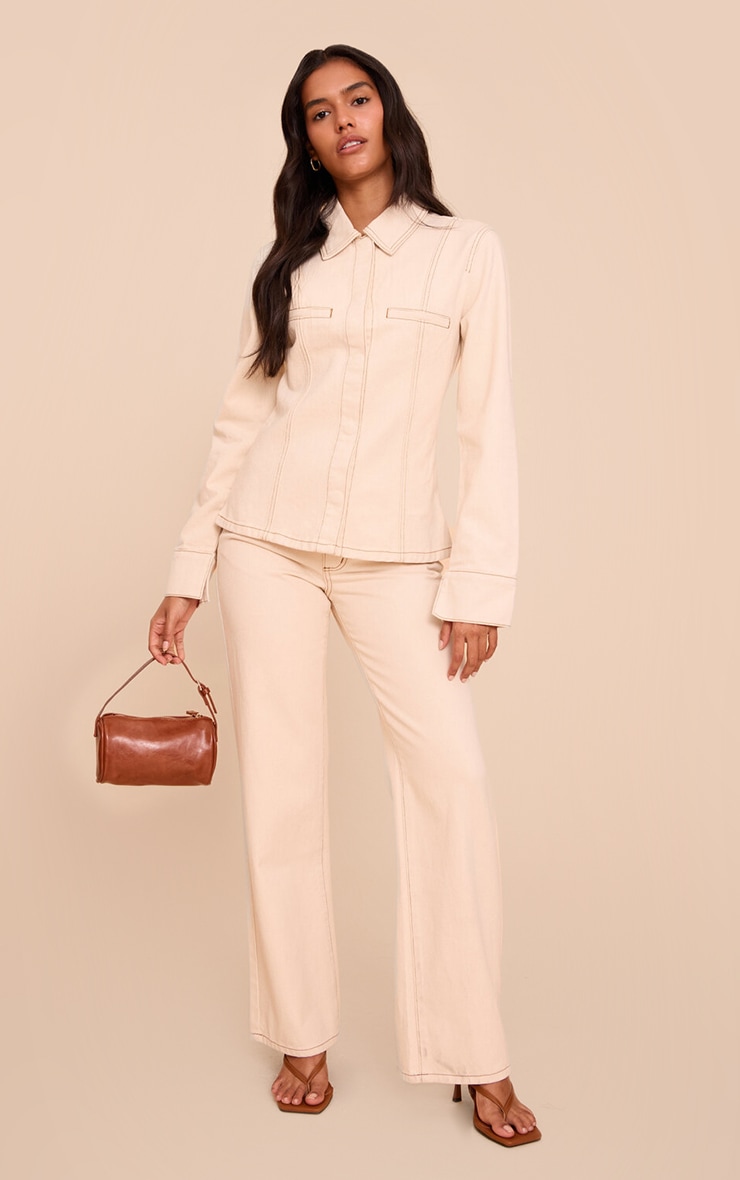 Ecru Linen Look Denim Mid Waist Straight Leg Jeans image 1