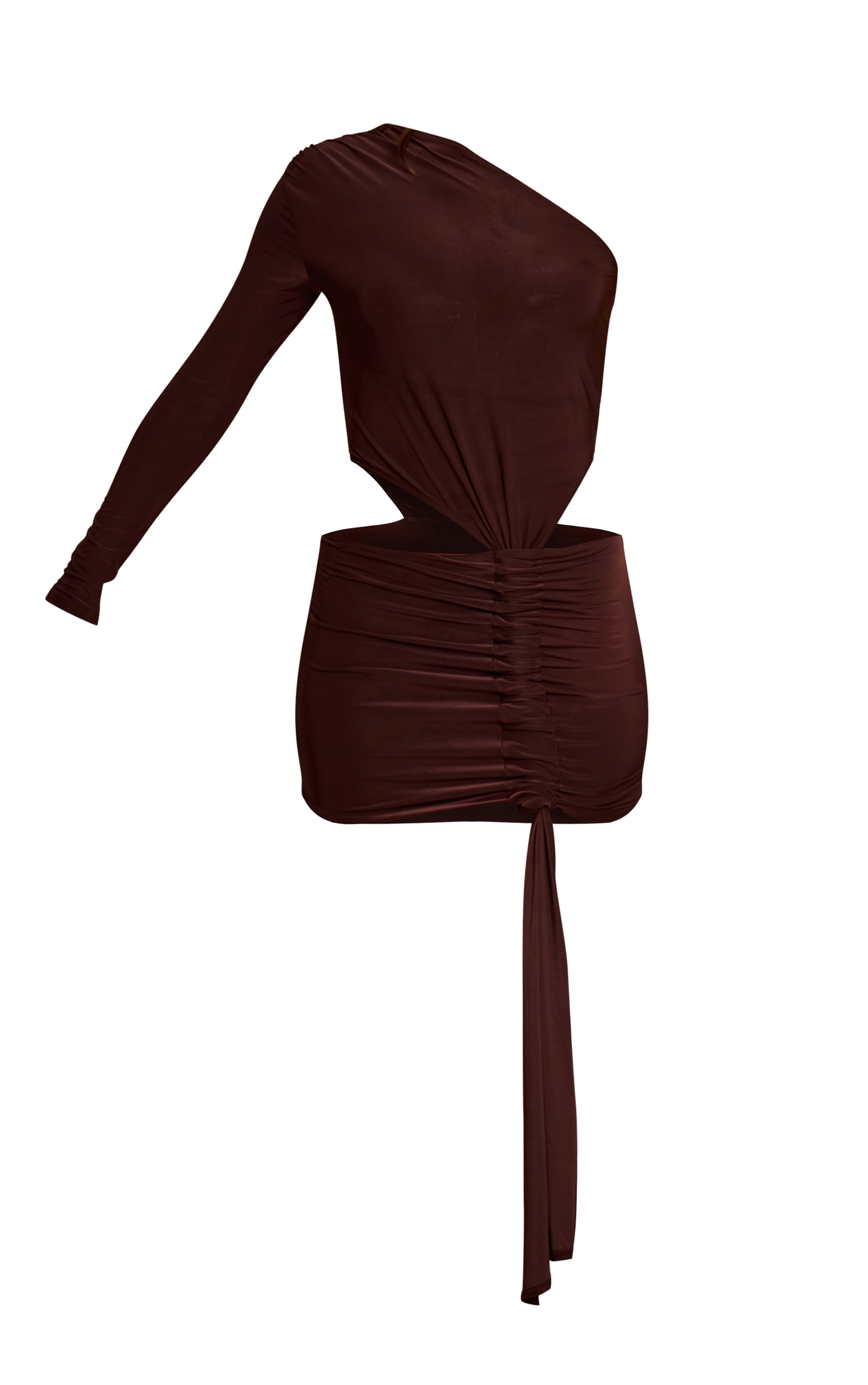 Chocolate Slinky Cut Out Bodycon Ruched Long Sleeve Dress image 5