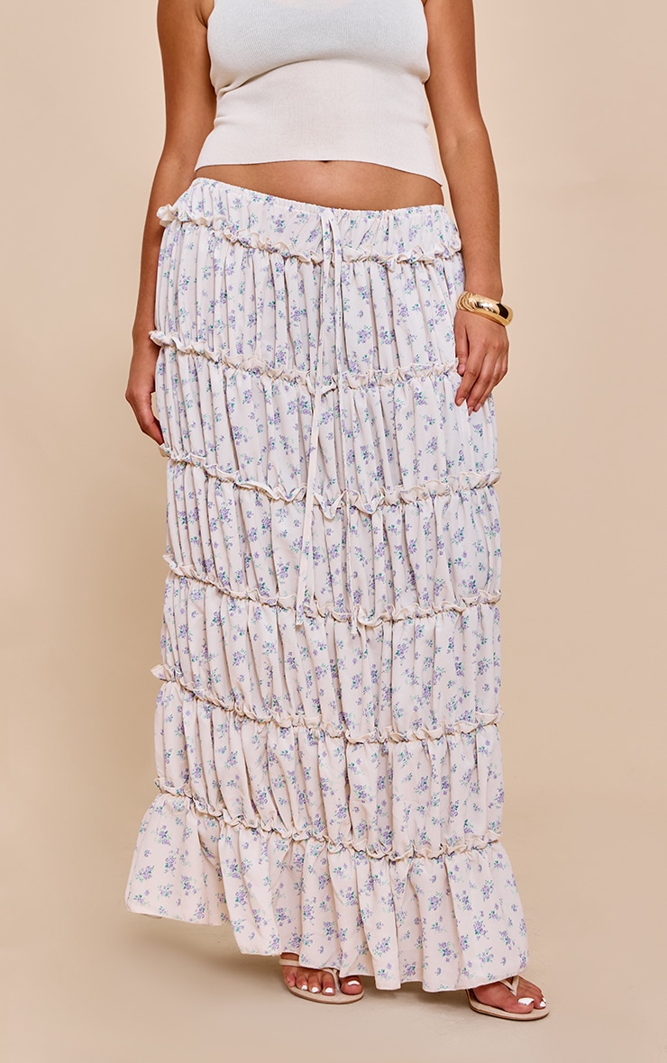 Plus Blue Ditsy Floral Print Tiered Maxi Skirt image 2