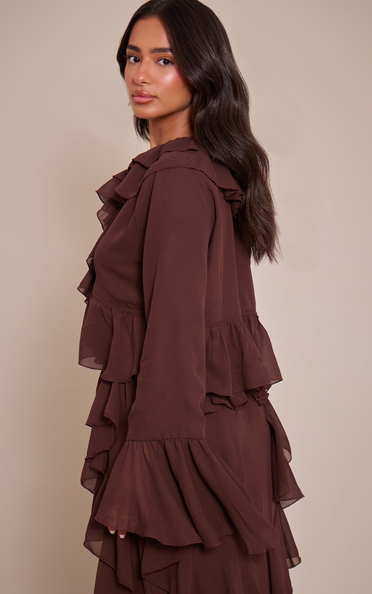 Petite Chocolate Ruffle Detail Long Sleeve Tie Top image 2