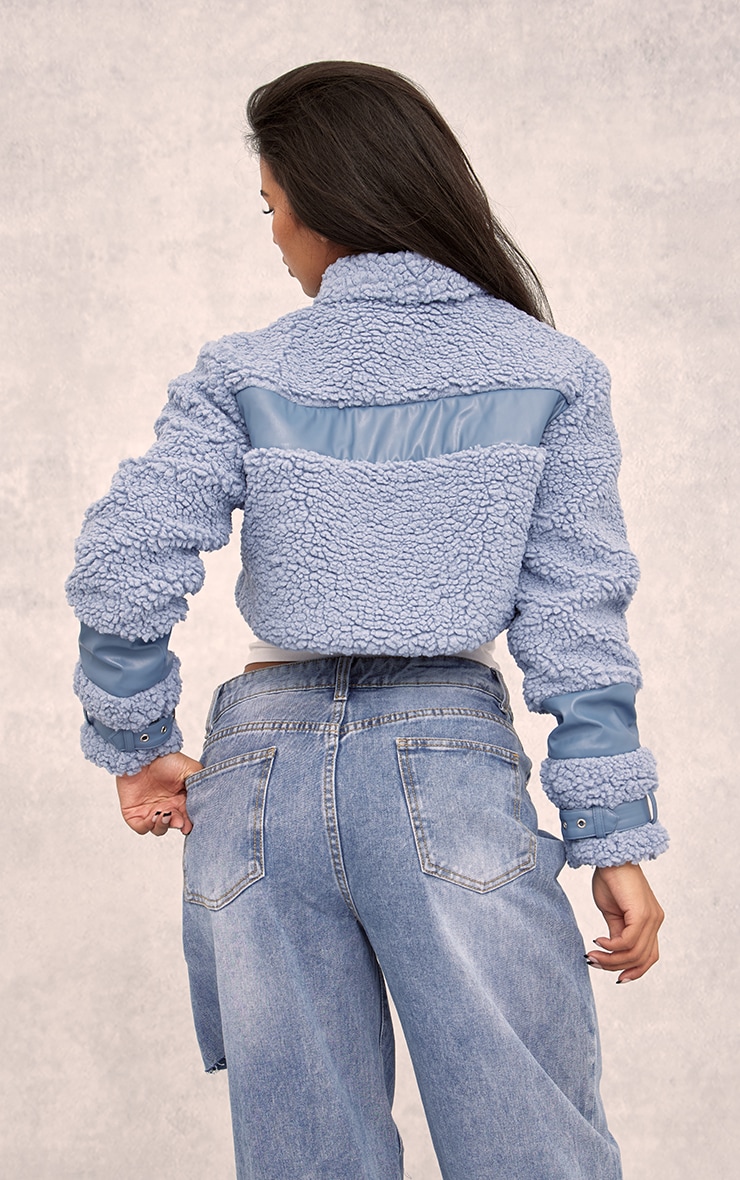 Blue Cropped Teddy Contrast PU Jacket image 2