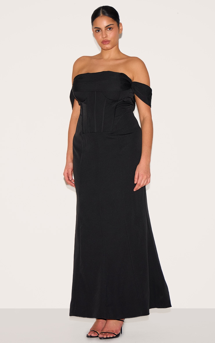 Plus Black Corset Detail Bardot Dress image 3