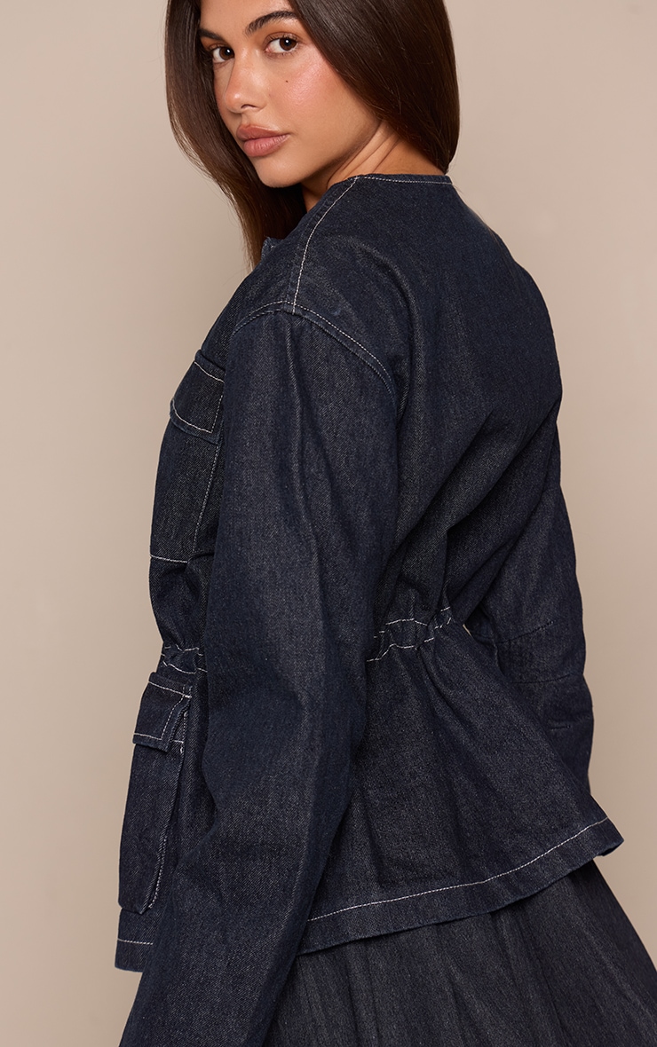 Indigo Round Neck Pocket Front Cinch Denim Jacket image 2